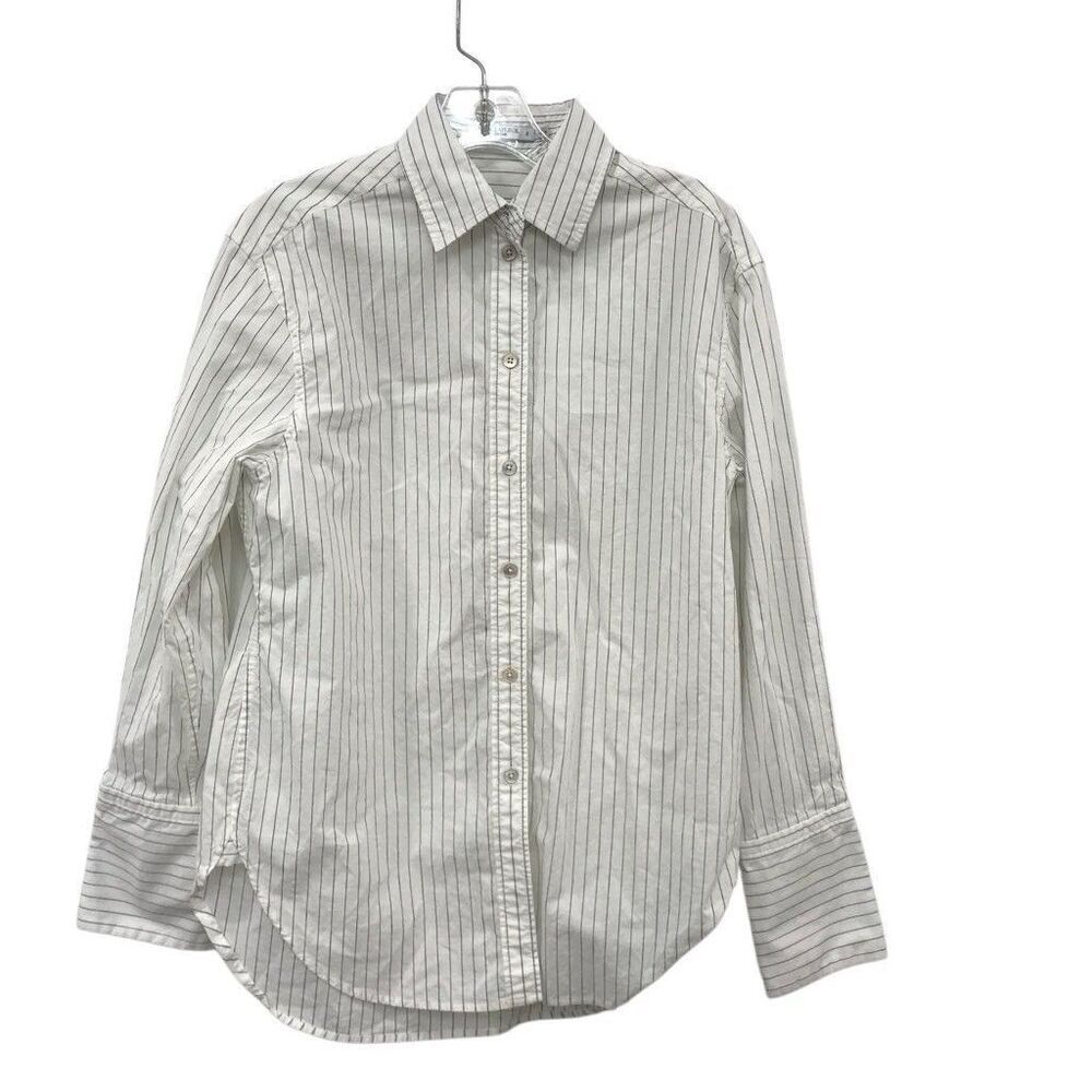 M.M. Lafleur Cotton Linen Pin Stripe Shirt White Blue Button Women Size Small